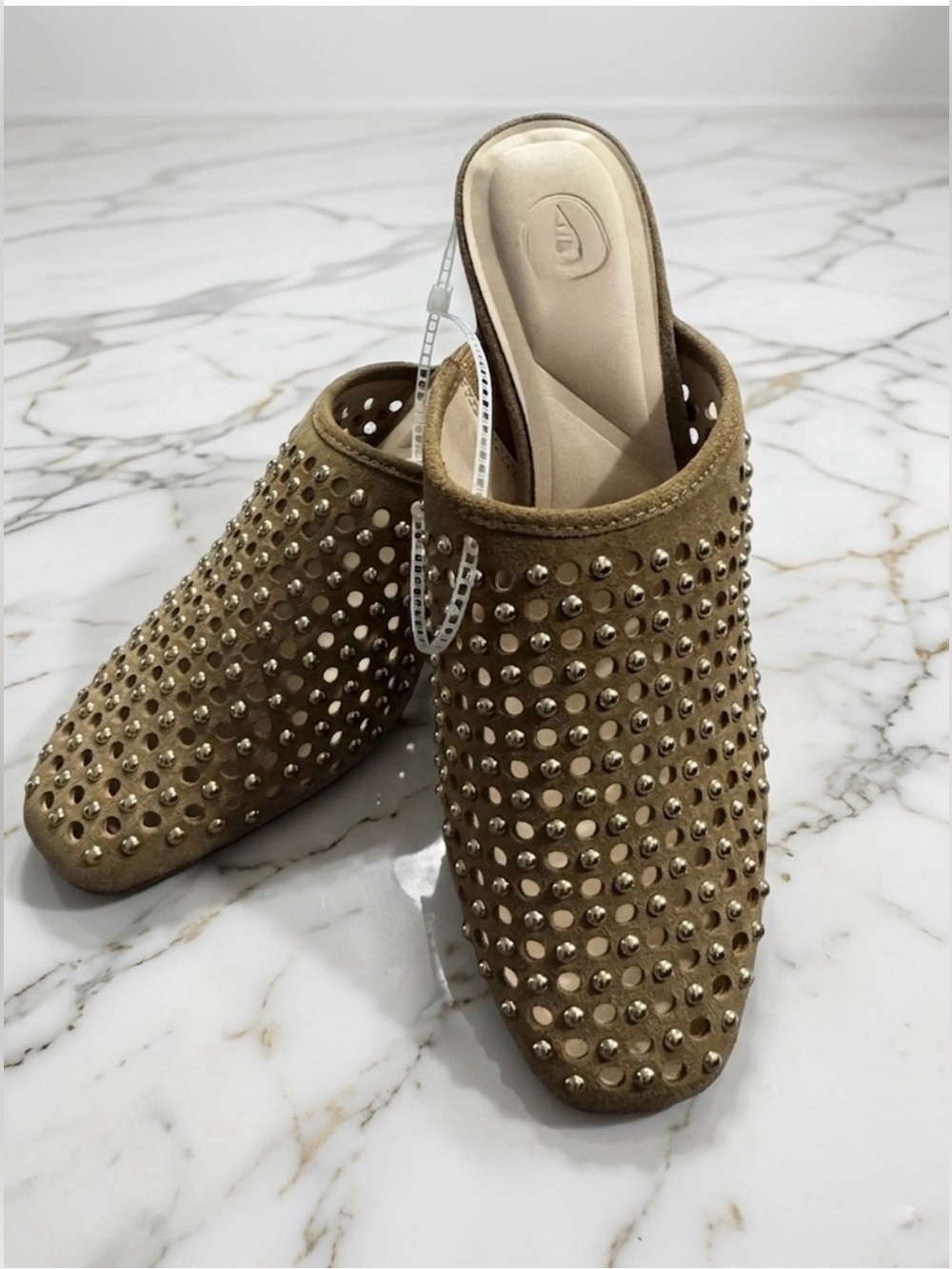NWT ASH Tobie Studded Suede Mules Gold Block Heel
Sz 8M Boho